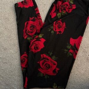 LuLaRoe Black Leggings with Red Floral Design